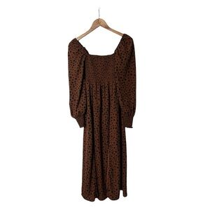 Anthropologie OPT Dress Brown Polka Dot Smocked Puff Sleeve Boho Midi XS